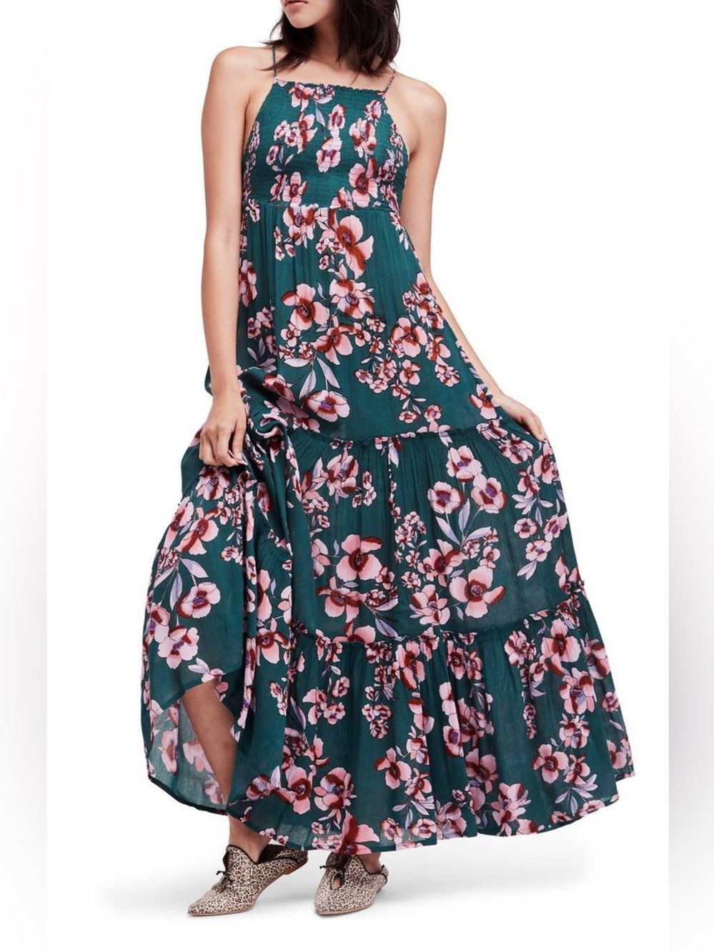 Free People Intimately Garden Party Teal Green Floral Maxi Boho Sun Dress